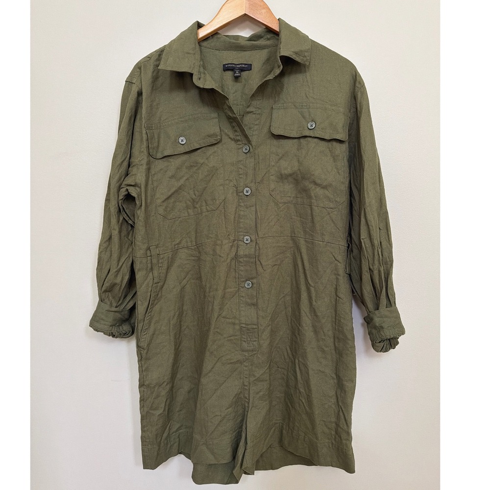 Banana Republic Olive Linen Utility Jumpsuit Romper Petite M Military Safari